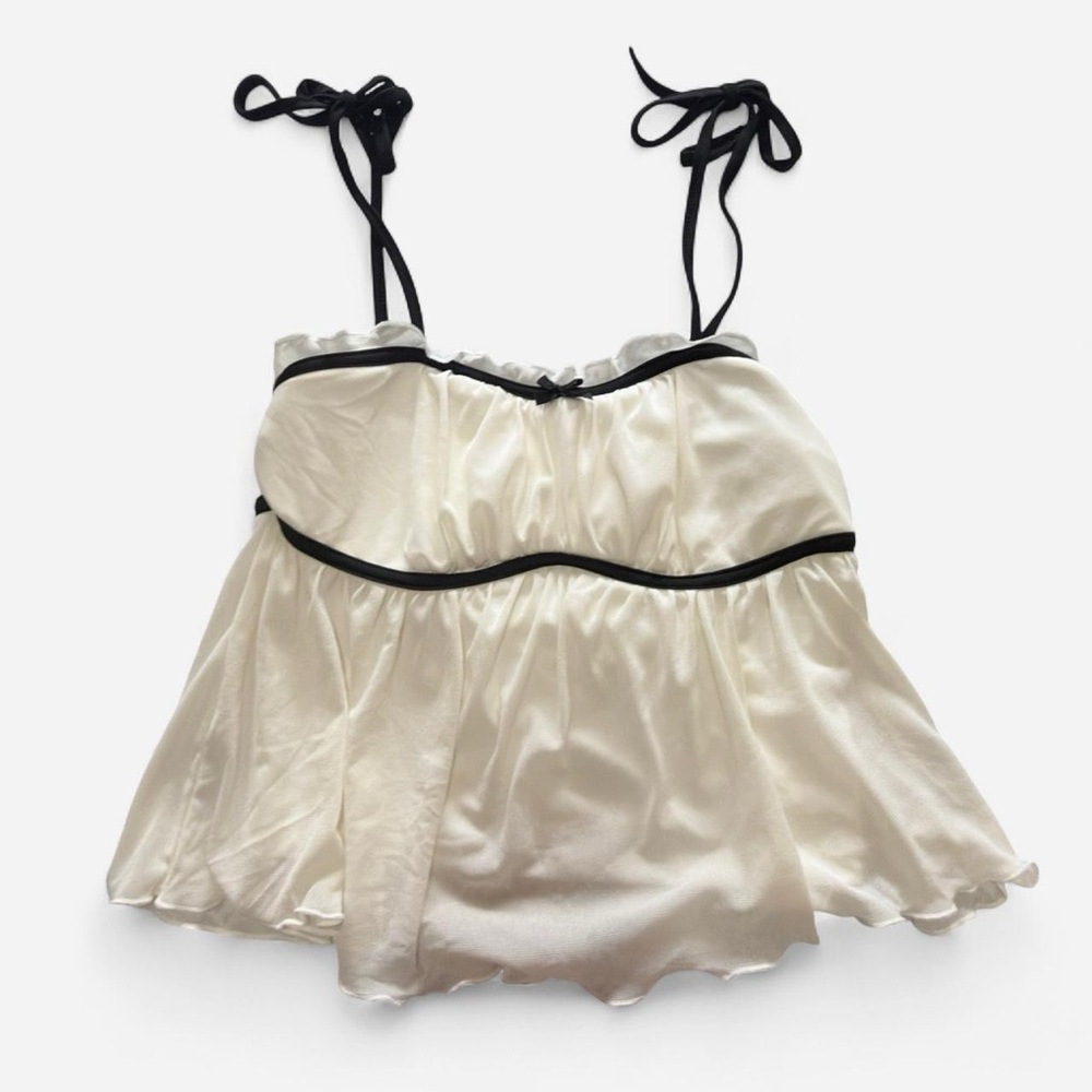 Cream and Black Babydoll Style Bow Accent Camisole Top